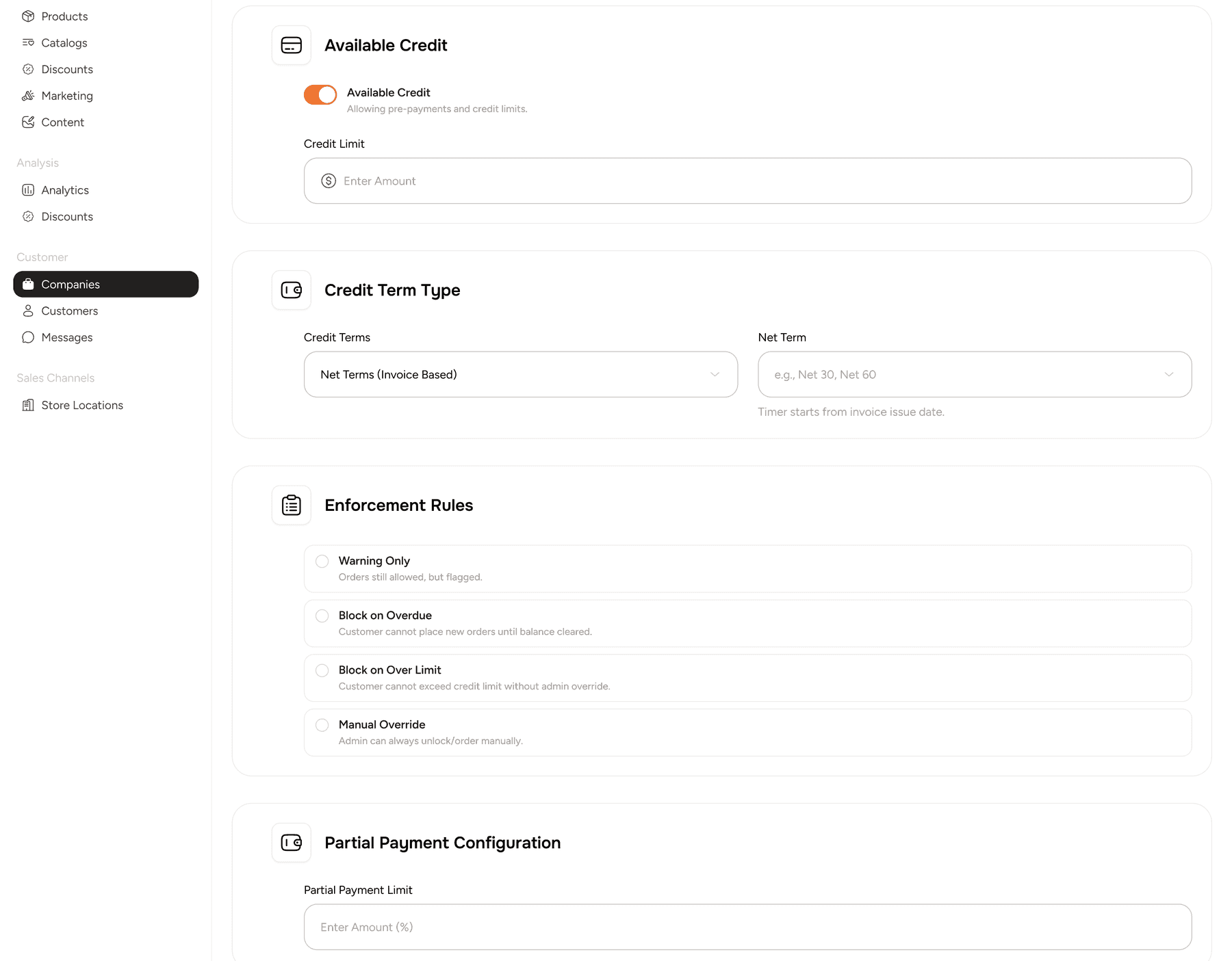 ToolSwift dashboard showing the credit terms and limits for a company profile