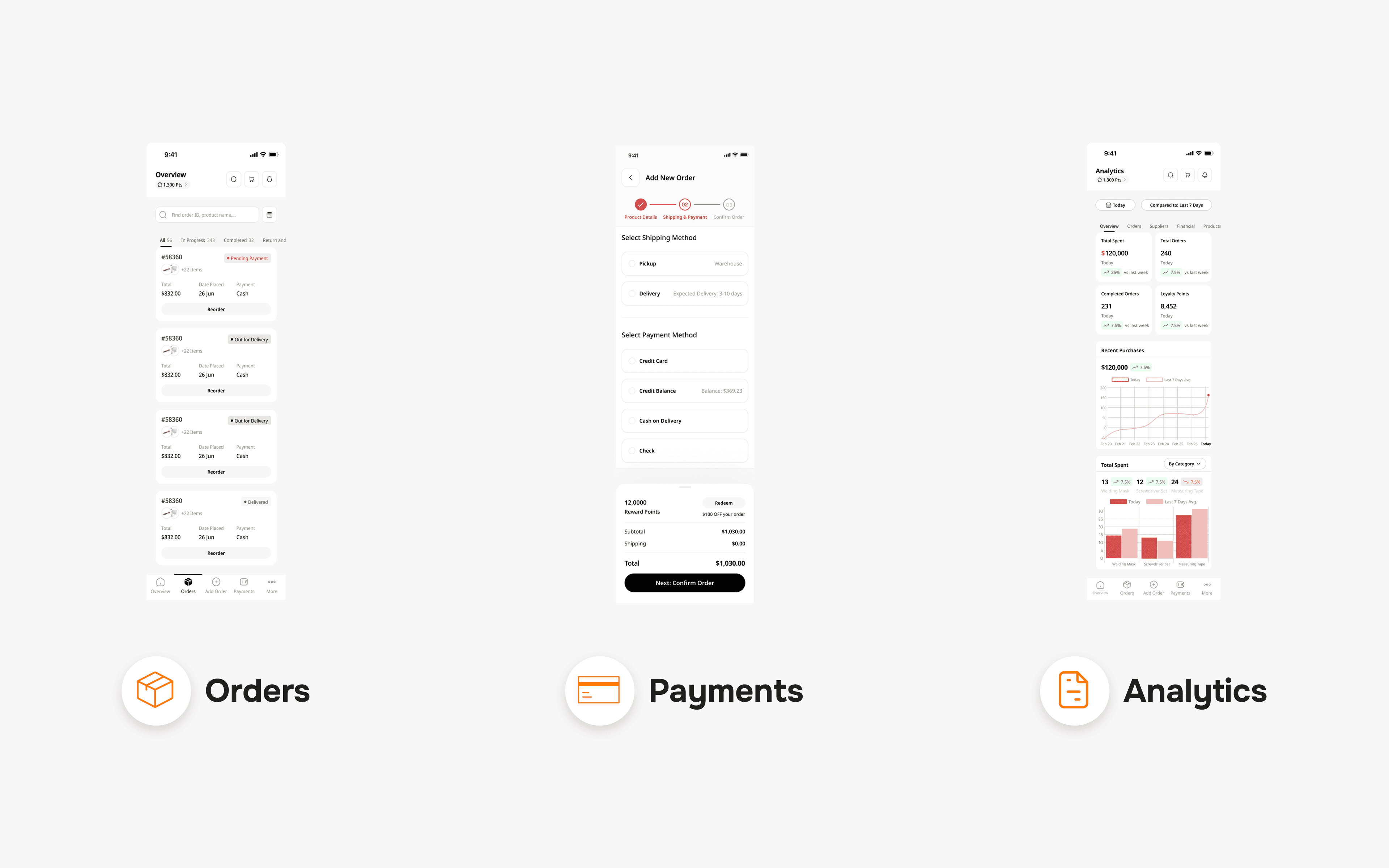 ToolSwift mobile app showing orders, payments and analytics
