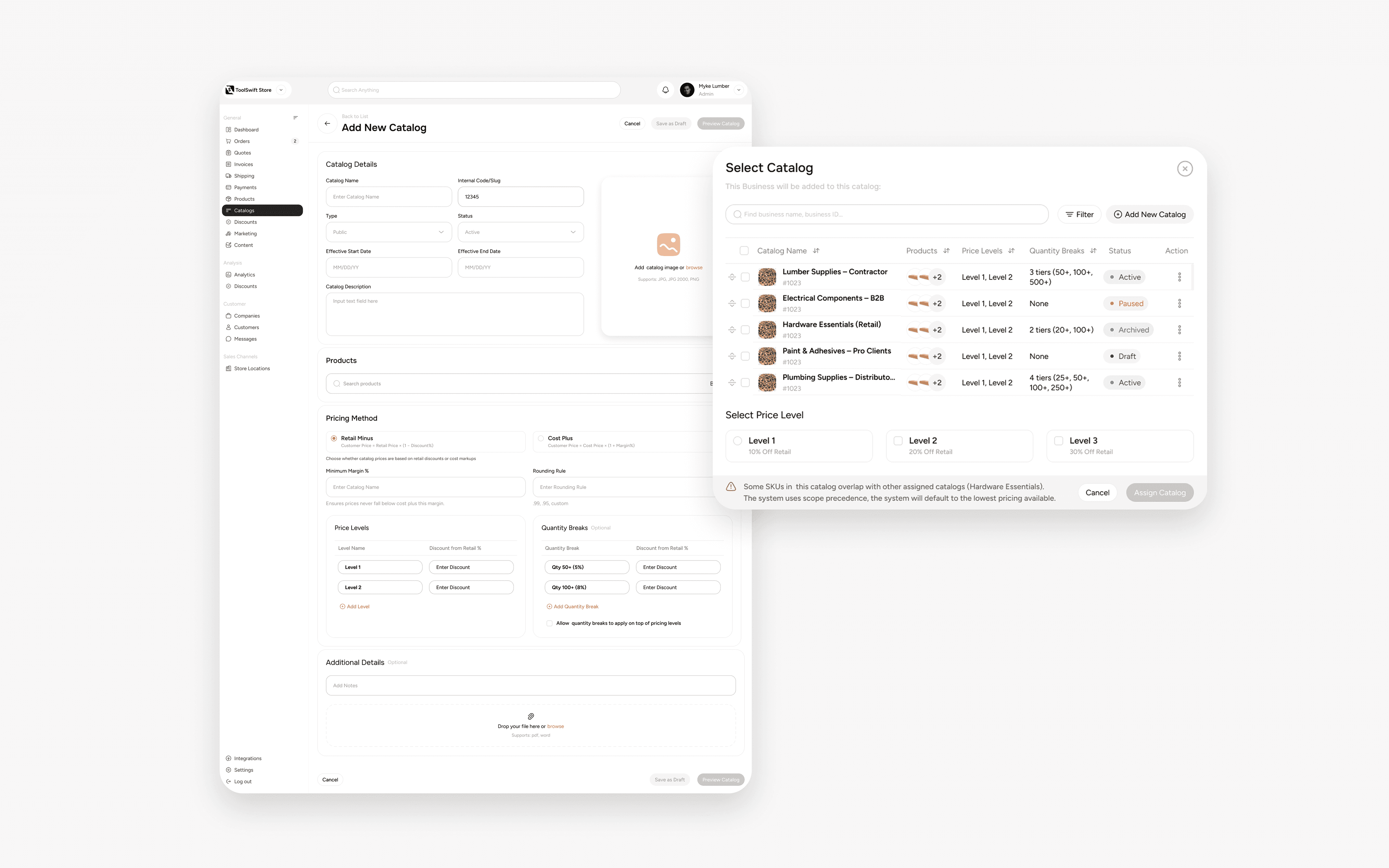 ToolSwift dashboard showing B2B catalogs management