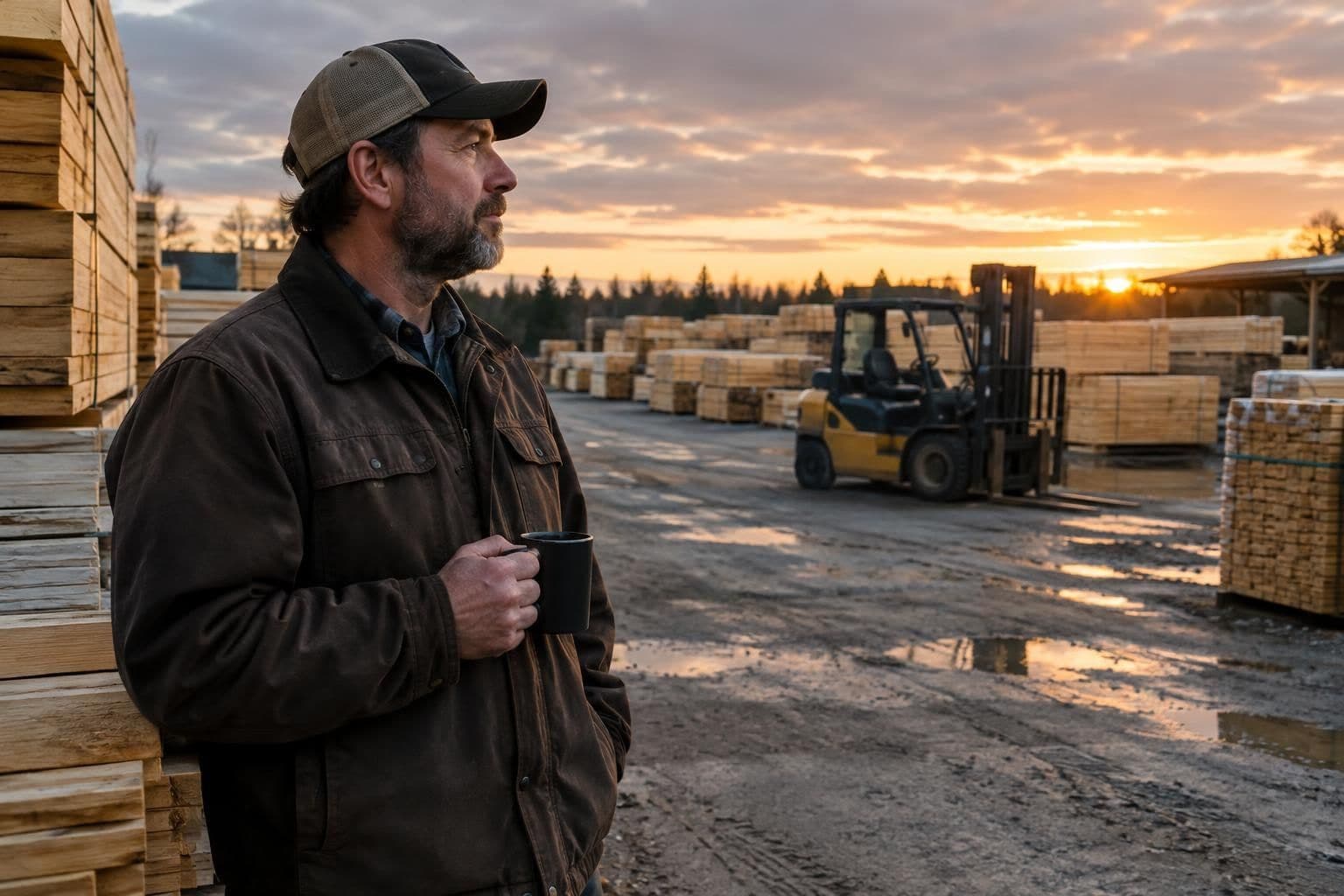 A lumber yard owner standing in the yard at dusk looking over stacked lumber and a forklift, deciding what comes next