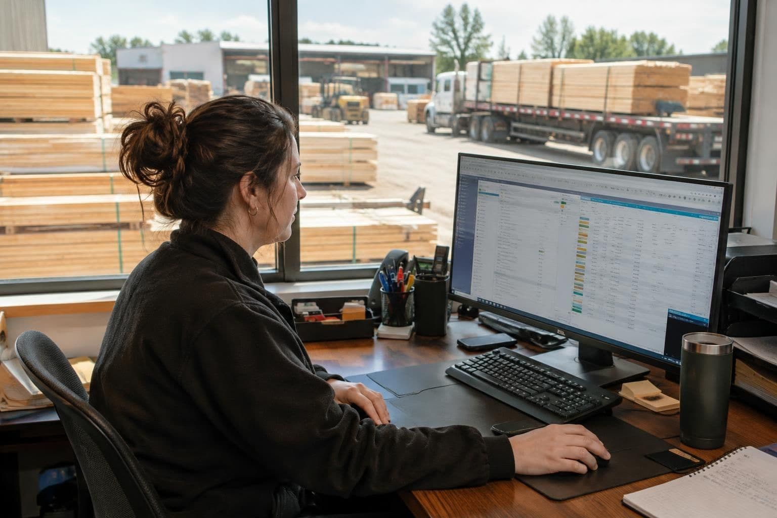 A lumber yard office manager at a desk with an order screen open, the yard and a loaded delivery truck visible through the window