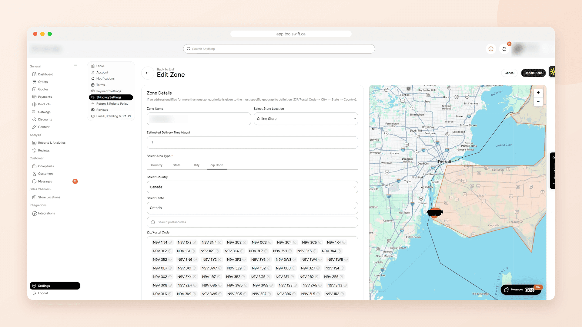 ToolSwift delivery zone editor with a zone drawn on a map and the postal codes it covers, plus delivery time and store location settings