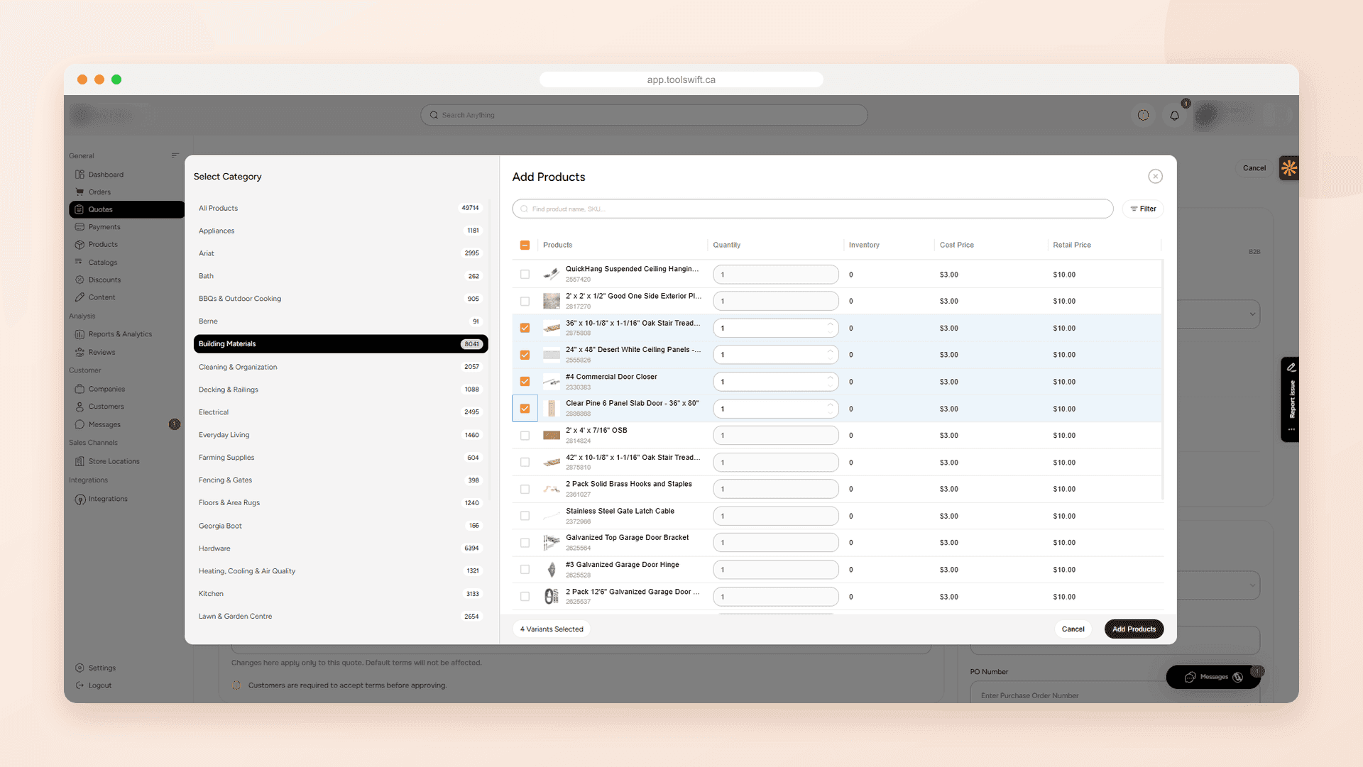 ToolSwift quote builder adding building materials to a quote from the catalog, with categories, quantities, inventory, cost price and retail price