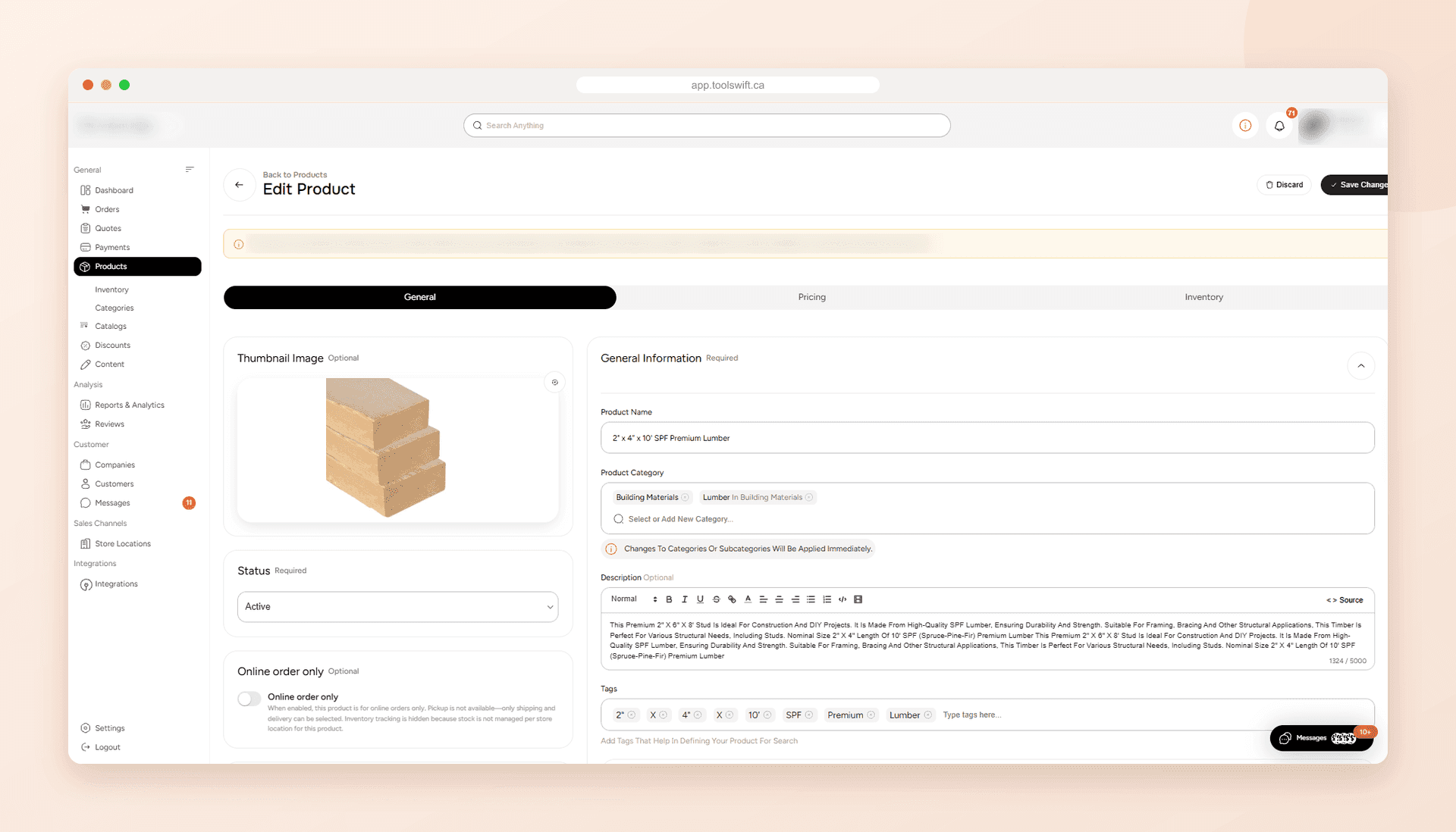 ToolSwift product editor for a 2x4x10 SPF premium lumber item, with the thumbnail, category, rich description, tags and the online-order-only setting