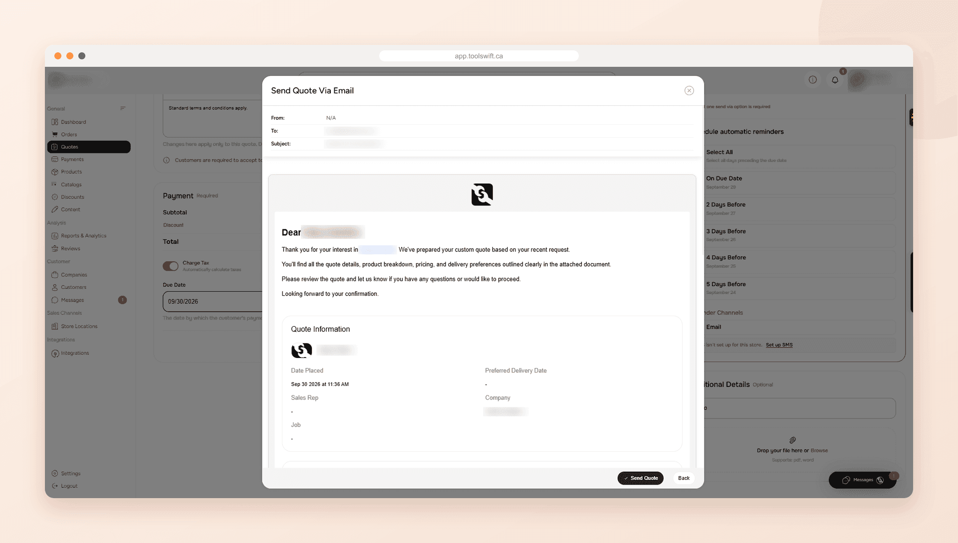 ToolSwift sending a quote to a customer by email, with a branded quote summary and scheduled automatic reminders before the due date