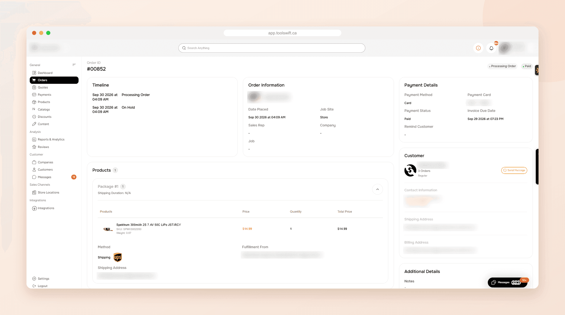 ToolSwift order screen showing the order timeline, order information, payment details, the customer record and the shipping method for a paid order, with customer details blurred