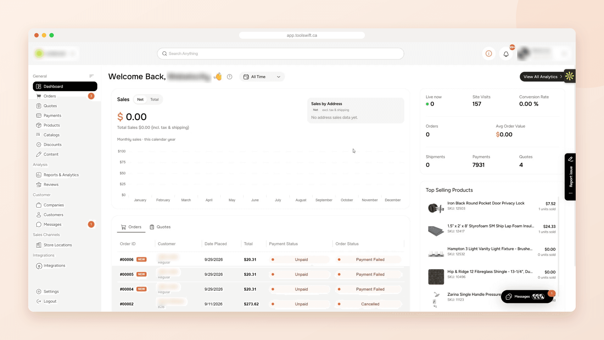 ToolSwift admin dashboard with sales, site visits, orders, payments, quotes, top-selling building supply products and recent orders, with store and customer names blurred