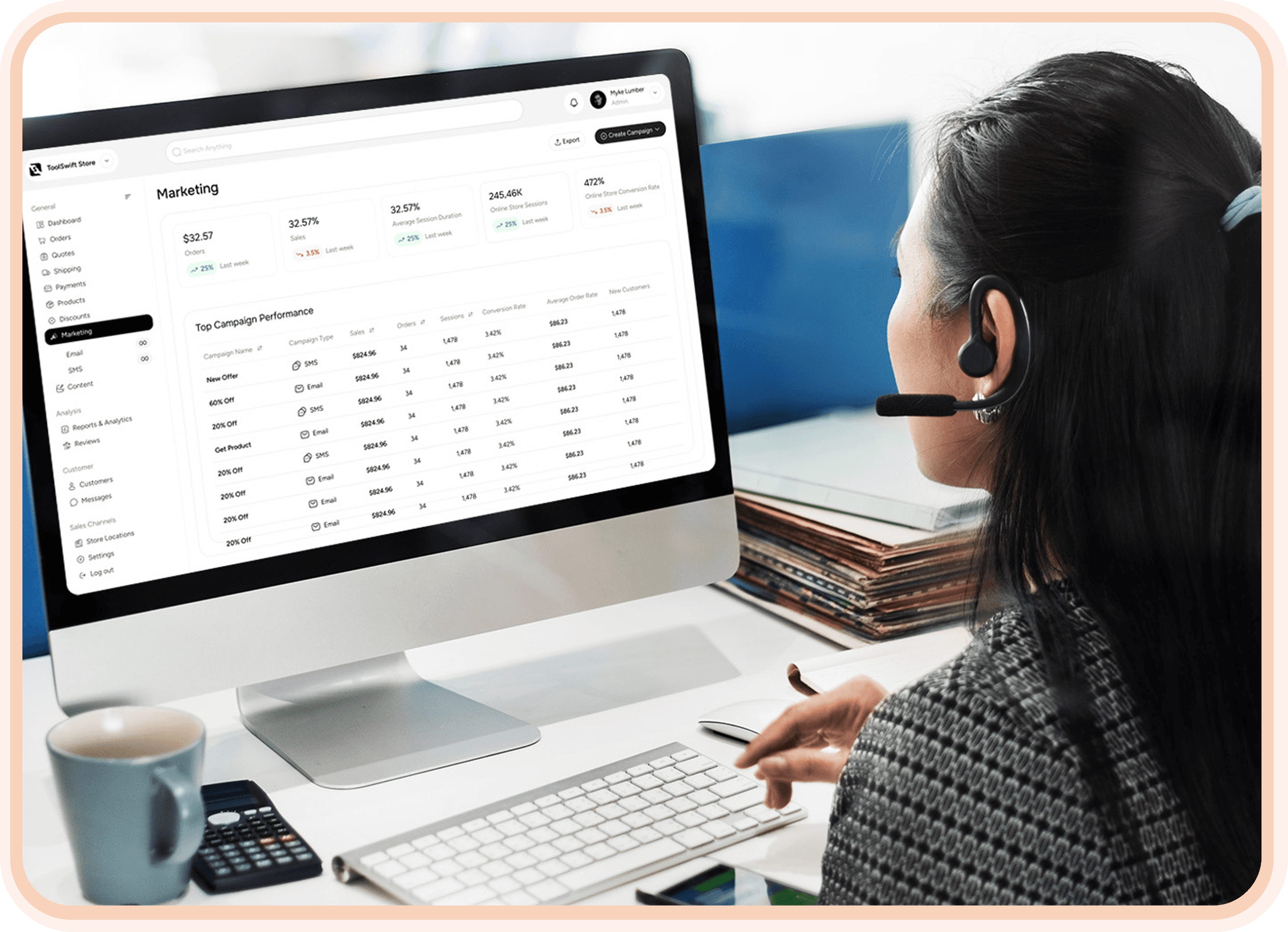 A woman looking at a desktop screen, checking the email and SMS campaign analytics and detailed reports within ToolSwift