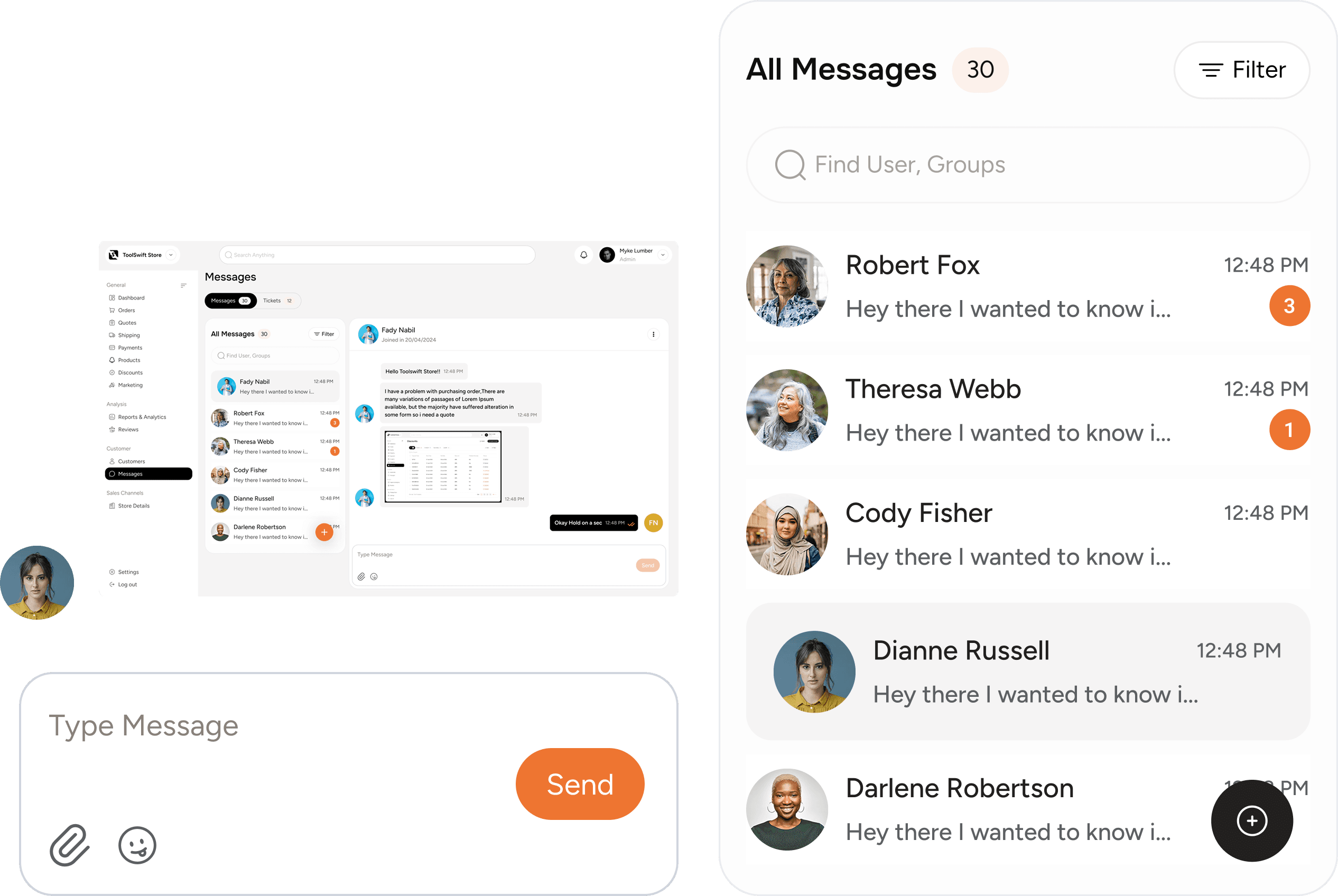 Send and receive messages and SMS from dashboard within ToolSwift