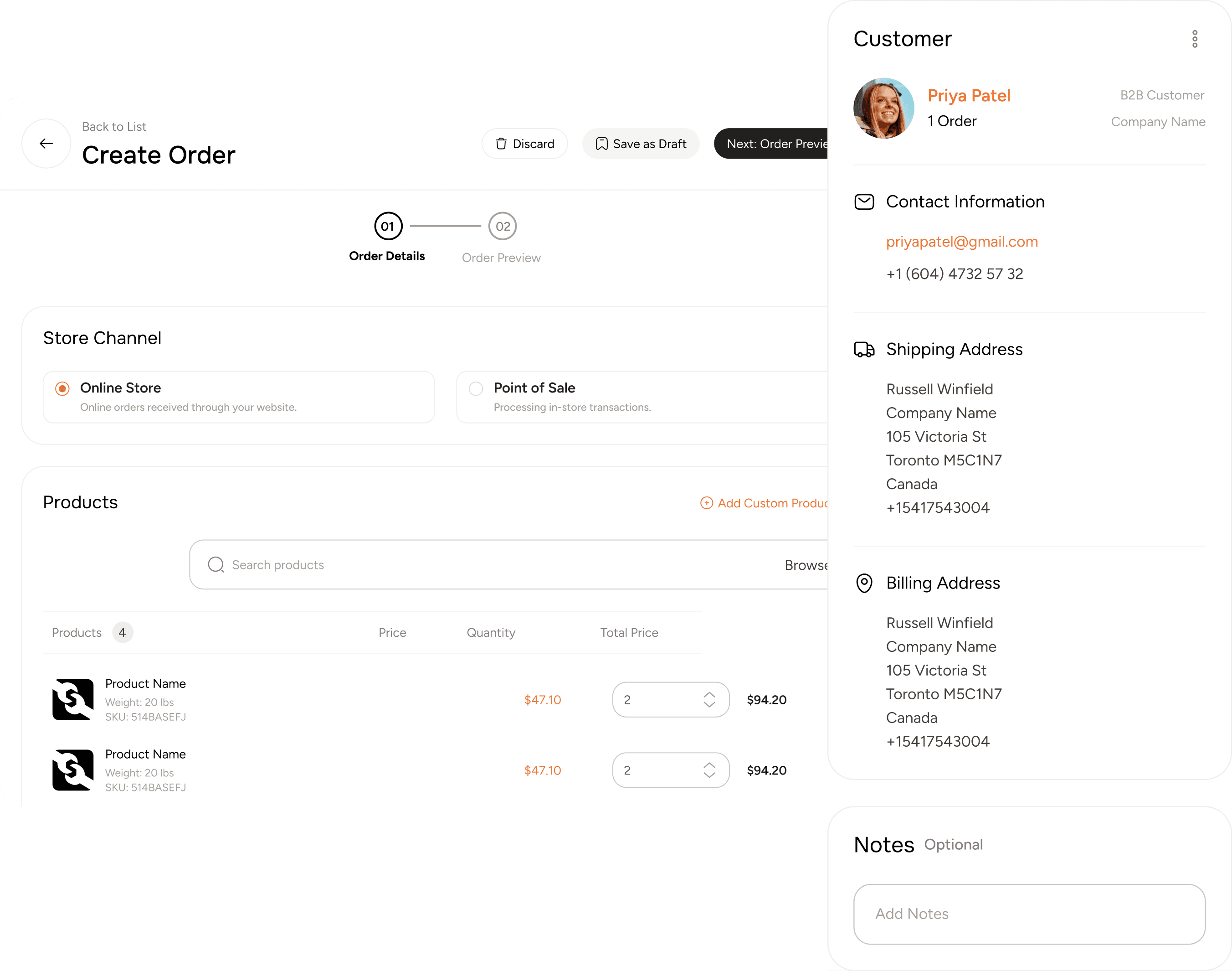 Admin can create order, choose the store channel, and add number of products