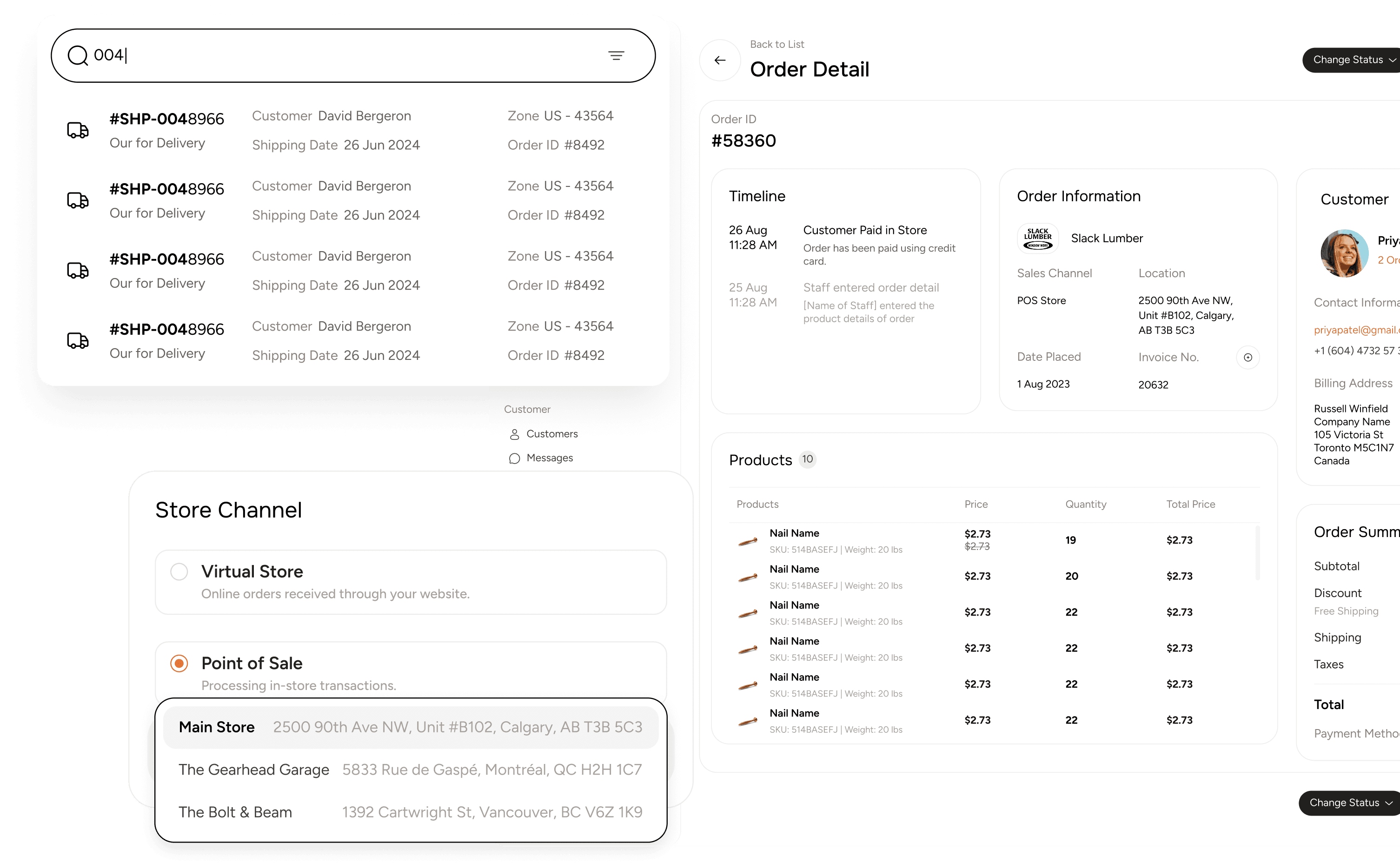 Review order details of the timeline, order information and products