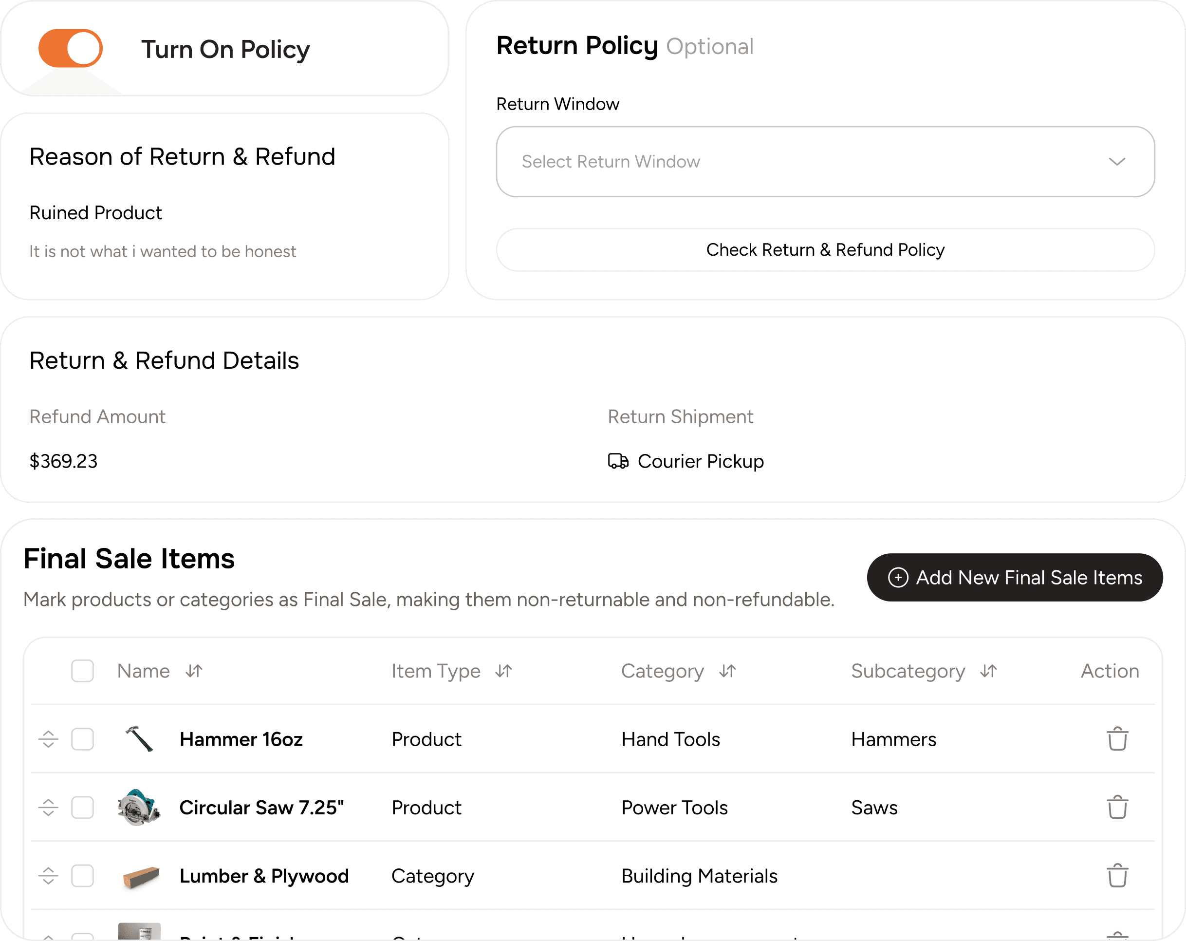 Ensure consistent and automated return process across your catalog, define refund methods, set return windows, specify who covers return shipping, apply policies per product or category, automate refund conditions and approvals