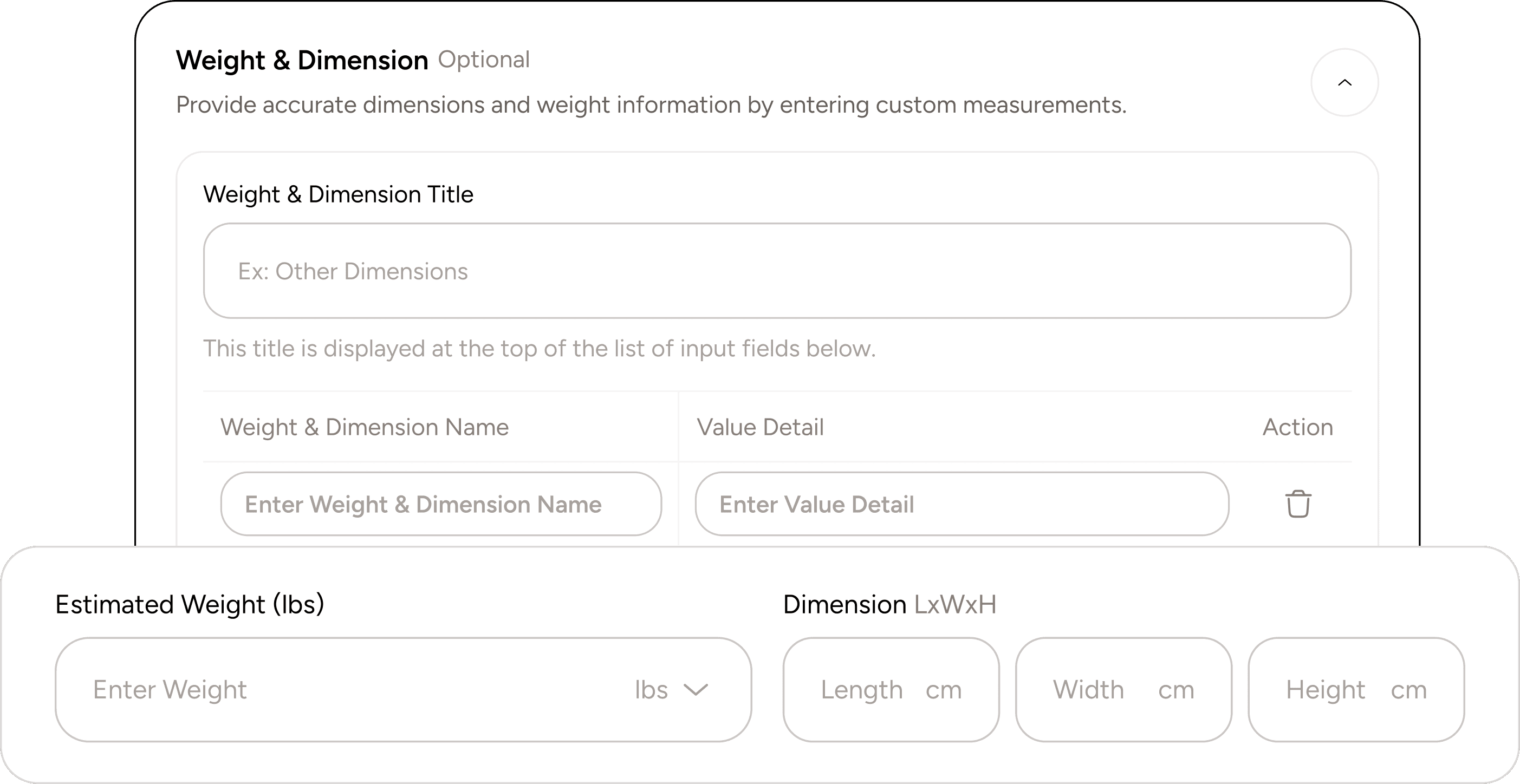 Input product dimensions and wrights to accurately calculate shipping costs