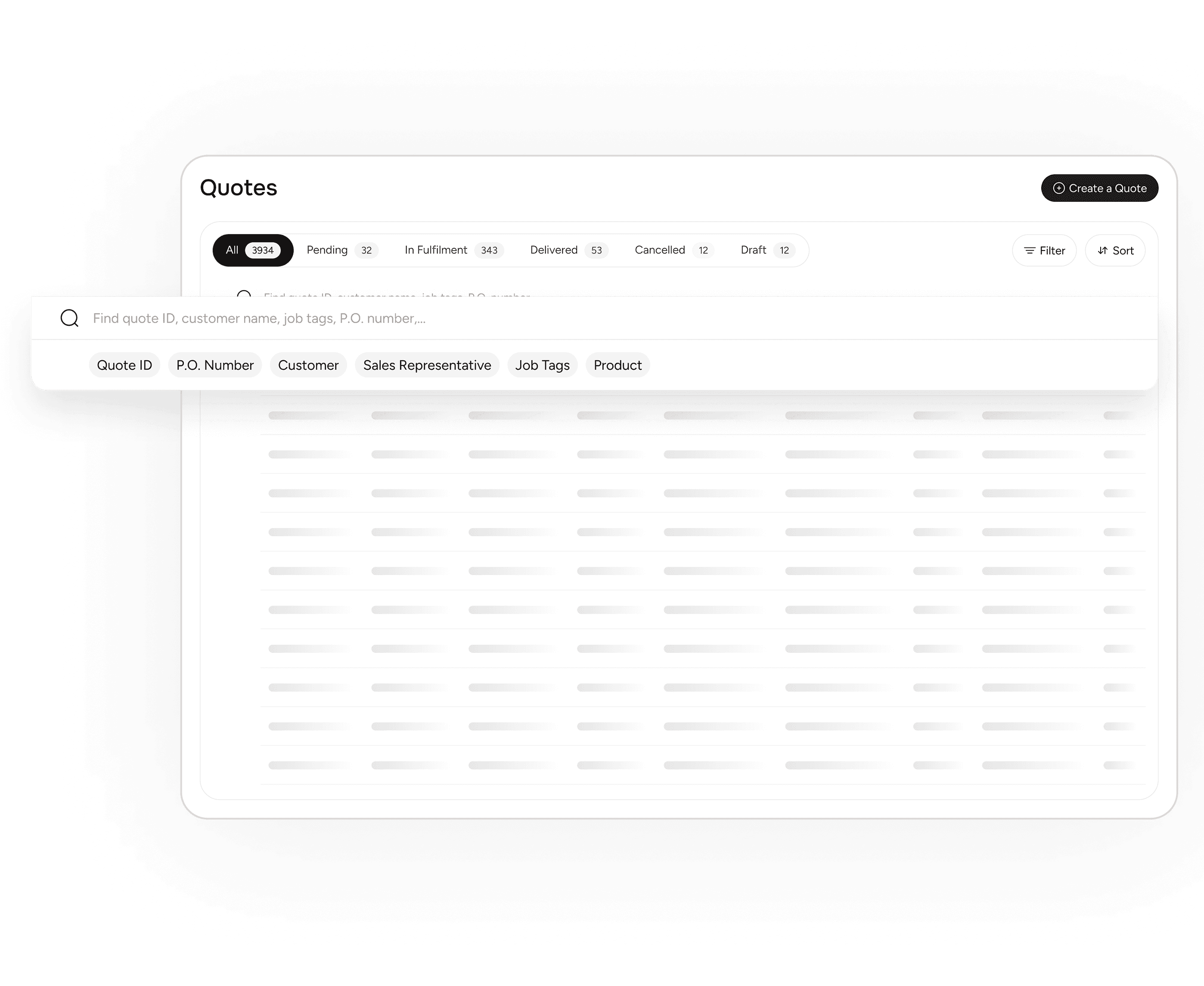 Filter quotes by quote ID, B2B customer name, sales rep