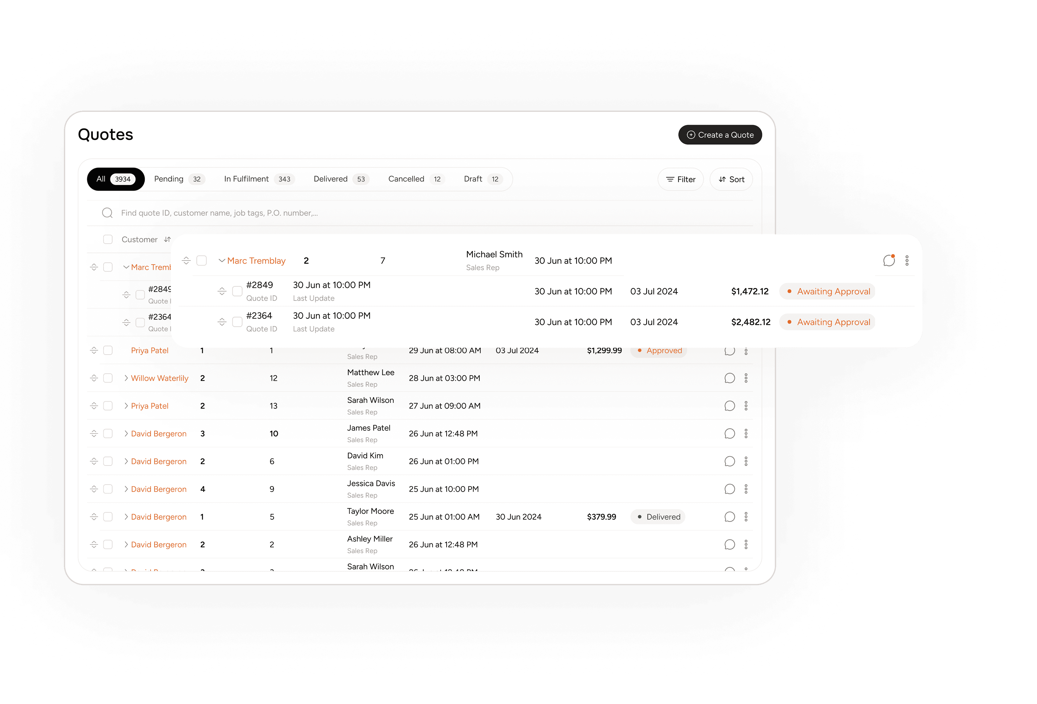 Tracking of all quotes, B2B customer, sales reps, number of revisions in one dashboard