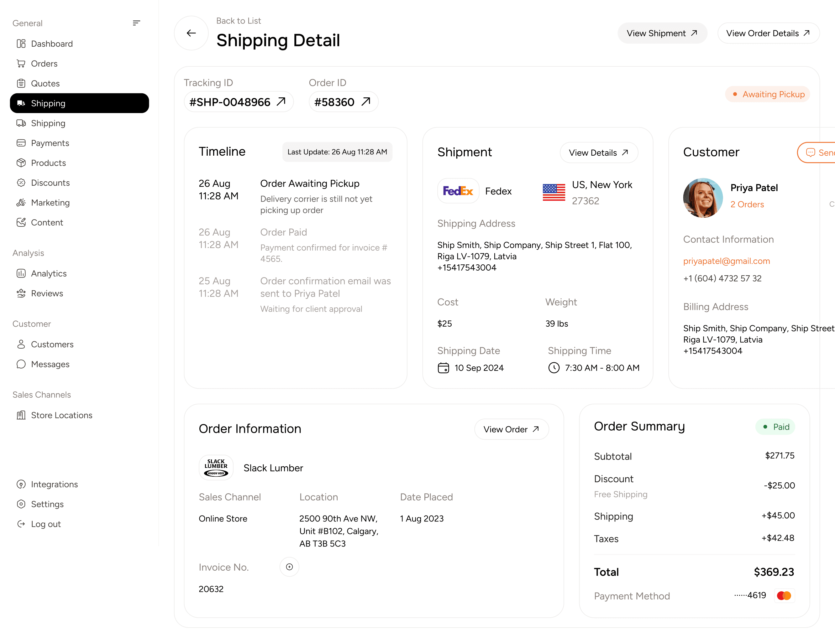 Admin can view shipment, customer, and order details within ToolSwift dashboard