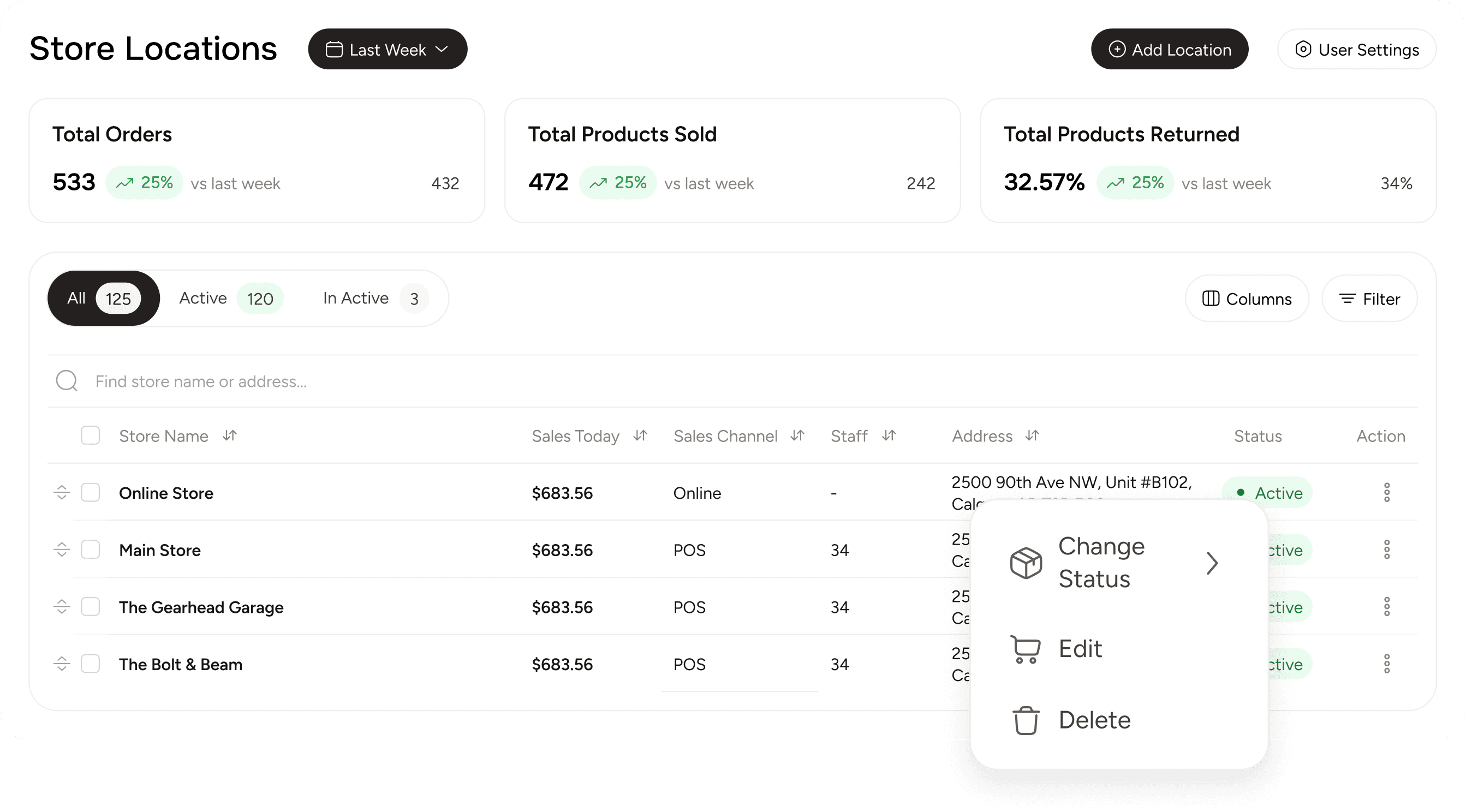 Keep your location list up to date by activating or deactivating locations instantly, editing store details anytime, and removing inactive or closed locations