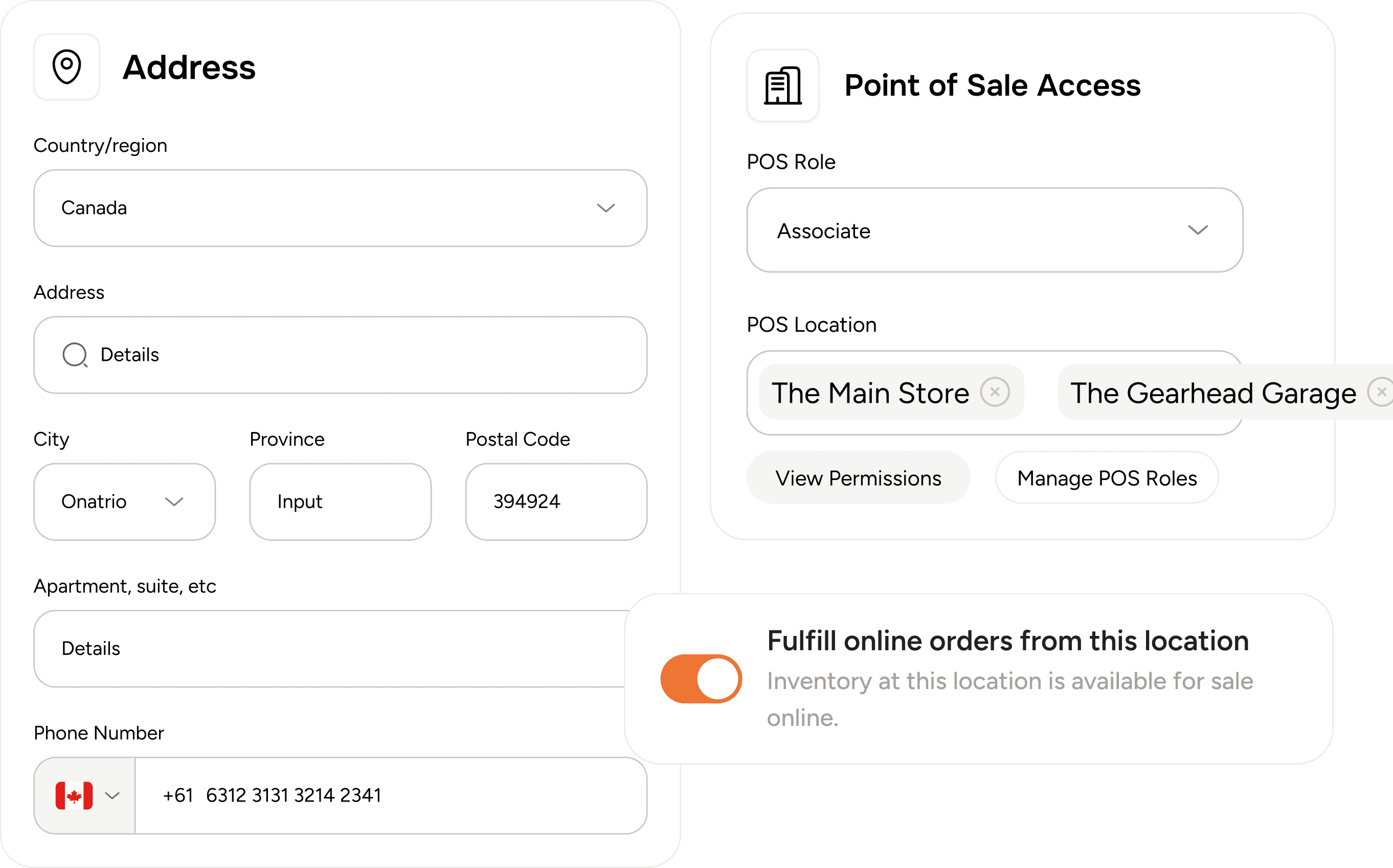 Centralize all your sales channels by adding physical and online store locations, entering staff count and address details, enabling fulfillment from each location, and keeping every store synced in real-time