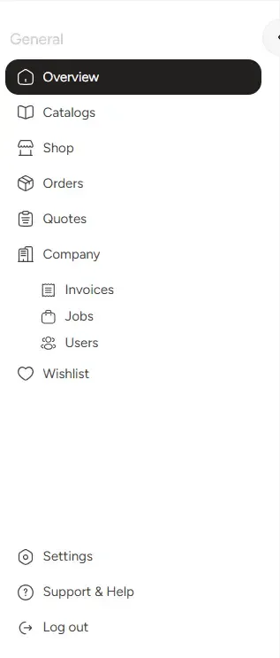 ToolSwift customer dashboard navigation with Company section expanded