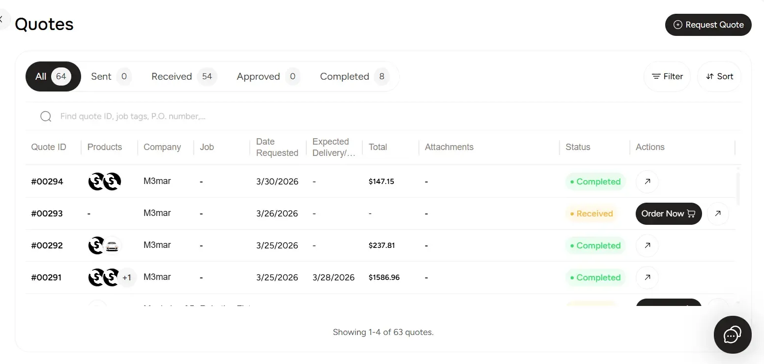 ToolSwift Quotes page showing Request Quote button