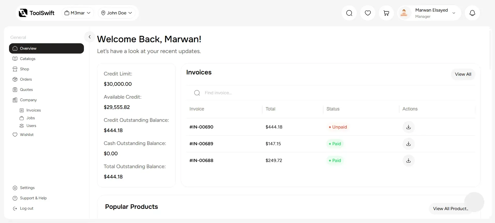 ToolSwift customer dashboard overview showing main navigation items